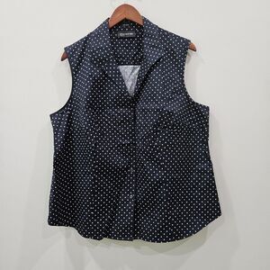 Womens Polka Dot Non Iron Sleeveless Button Up Top Plus Size Navy Cotton Career